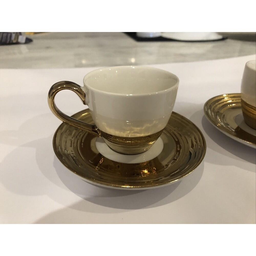 YEDI Houseware White and Gold Expresso Coffee & Tea Cup Mug And Saucer Set of 2